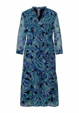 Blue and green paisley print midi dress with long sheer sleeves, V-neckline, and gathered waist detail.