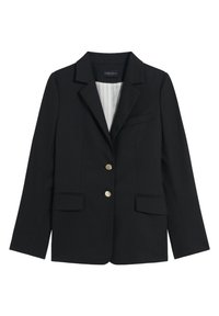 Blazer negro de tela suave, con cuello con muescas, dos bolsillos frontales y botones dorados. Tiene un forro con rayas claras.