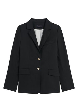 Schwarze Blazer aus glattem Stoff mit eingekerbtem Kragen, zwei Vordertaschen und goldenen Knöpfen. Hat einen leicht gestreiften Futter.