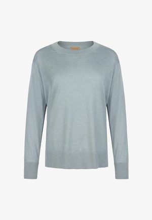 Pull en tricot bleu clair à manches longues avec col rond, poignets et ourlet côtelés, présenté sur un fond blanc.