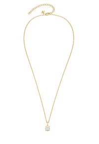 Gold chain necklace featuring a round, clear gemstone pendant, secured with prongs, displaying a textured link design.