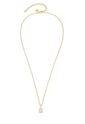 Goldkette mit einem runden, klaren Edelsteinanhänger, der mit Krappen gesichert ist und ein strukturiertes Gliederdesign zeigt.