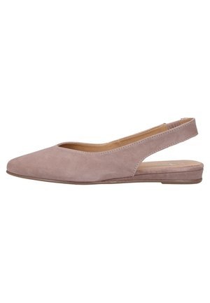 Płaskie buty typu slingback w miękkiej, jasnoróżowej zamszowej skórze z wąskim noskiem i niskim obcasem. Posiadają smukły kształt i elastyczny pasek typu slingback.