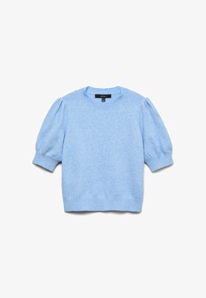 Light blue short-sleeve sweater with puffed sleeves, ribbed cuffs, neckline, and hem, laid flat on a white background.