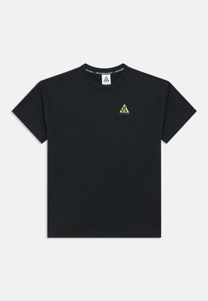 Black short-sleeve T-shirt with small yellow and black triangular ACG logo on left chest and "All Conditions Gear" text on collar inside.
