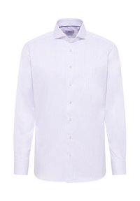 Camicia a righe azzurro chiaro, maniche lunghe, con bottoni davanti, colletto standard, realizzata in cotone, con una texture liscia e polsini semplici.