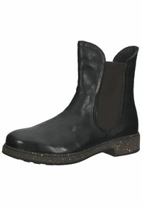 Schwarze Leder-Chelsea-Stiefel mit elastischen Seitenteilen und einer strukturierten Gummisohle mit Sprenkeln. Abgerundete Zehenform und flacher Absatz.