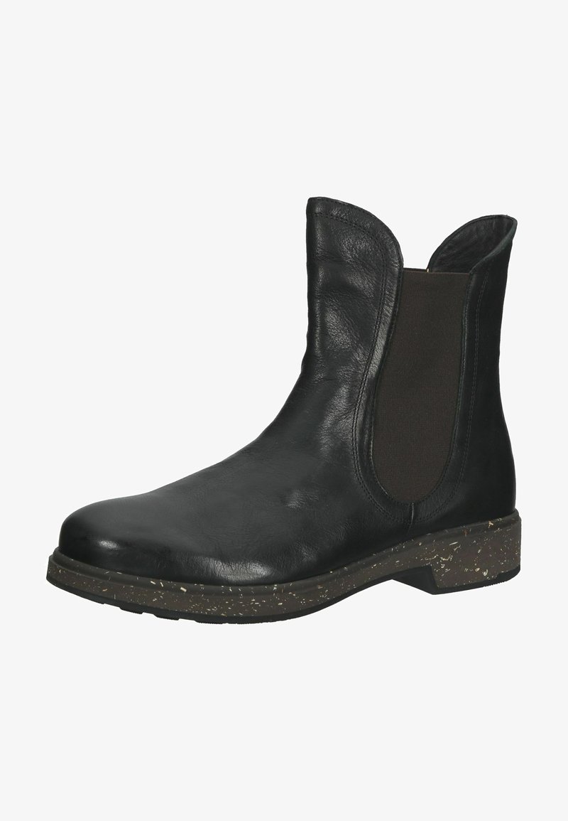 Schwarze Leder-Chelsea-Stiefel mit elastischen Seitenteilen und einer strukturierten Gummisohle mit Sprenkeln. Abgerundete Zehenform und flacher Absatz.