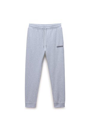 Hellgraue Sweatpants mit elastischem Bund, verstellbarem Kordelzug, Bündchen an den Knöcheln und kleinem schwarzem Logo am oberen linken Oberschenkel.
