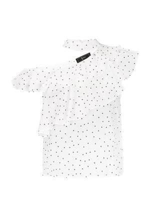 Bijela bluzica s crnim točkicama, s volanima, izrezom na jednom ramenu i visokim ovratnikom s dekorativnim detaljima.
