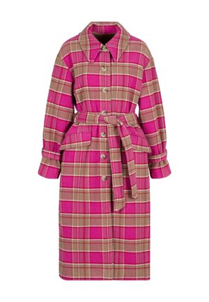 Roze en beige geruite jas van textiel, met een kraag, knoopsluiting, ceintuur in de taille en zijzakken.