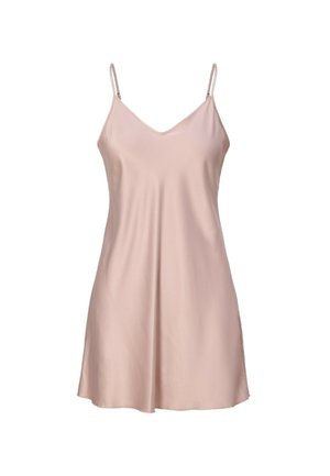 Vaaleanpunainen liukuväri mekko, joka on valmistettu sileästä kankaasta. Mekossa on ohuet olkaimet ja V-pääntie, sekä löysä ja virtaava istuvuus sekä hienovarainen kiilto.