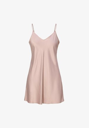 Helles rosa Spaghettiträger-Kleid aus glattem Stoff, mit dünnen Trägern und V-Ausschnitt, locker sitzend, fließende Passform und subtilen Glanz.