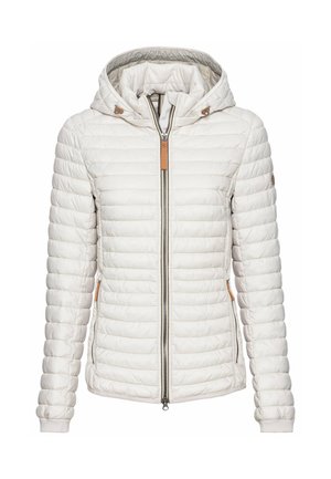 Lightweight quilted jacket in off-white, featuring a hood, zip closure, and elastic cuffs. Notable tan accents on zippers and side tabs.