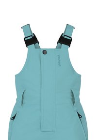 Tyrkysové overaly s nastavitelnými černými popruhy, předním uzávěrem na knoflíky, bočními zipovými kapsami a hladkým strukturovaným materiálem.