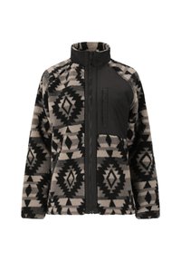 Veste en polaire avec un motif géométrique noir et gris, fermeture éclair frontale complète, col haut et poche poitrine noire unie avec fermeture éclair verticale.