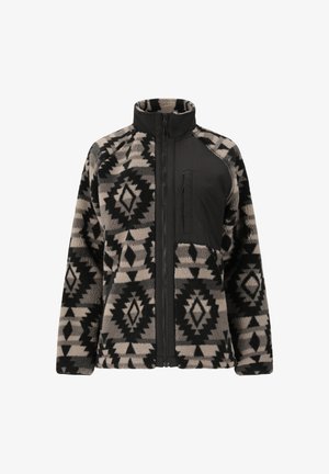 Fleecejacke mit schwarz-grauem geometrischem Muster, durchgehendem Reißverschluss auf der Vorderseite, hohem Kragen und Taschen auf der Brust in Schwarz mit vertikalem Reißverschluss.