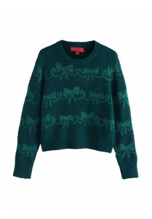 Green knit sweater featuring a bow pattern in a lighter green, round neckline, long sleeves, and a cropped hem. Soft, textured fabric.