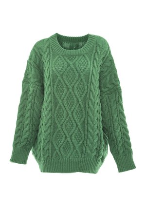Groene gebreide trui met een kabelbreipatroon. Heeft een ronde halslijn, lange mouwen en geribbelde boorden en onderkant. Getextureerd patroon over de hele trui.