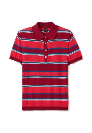 Polo de manga corta con rayas horizontales en rojo, burdeos, azul y blanco, con cuello y cuatro botones en la parte frontal.