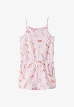 Hellrosa ärmelloser Overall mit elastischem Bund, seitlichen Taschen und durchgehendem Muster aus orangefarbenen und rosa Sonnenbrillen in verschiedenen Formen.