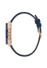 Armbandsur med en marinblå flätad textilremsa och roséguldshårdvara; rektangulärt ur med en mörk urtavla och framträdande rund urkupol.