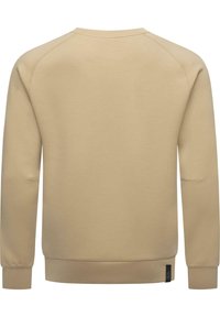 Felpa beige con colletto a girocollo, maniche raglan e polsini a coste. Realizzata in tessuto morbido, presenta un piccolo etichetta nera sul lato.
