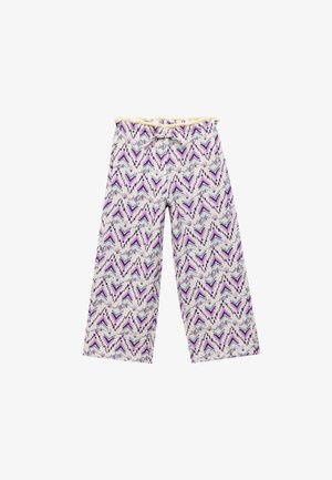 Løse, vide bukser med en cremet bund og et levende zigzag-mønster i lilla, blå og grøn; snøre i taljen.