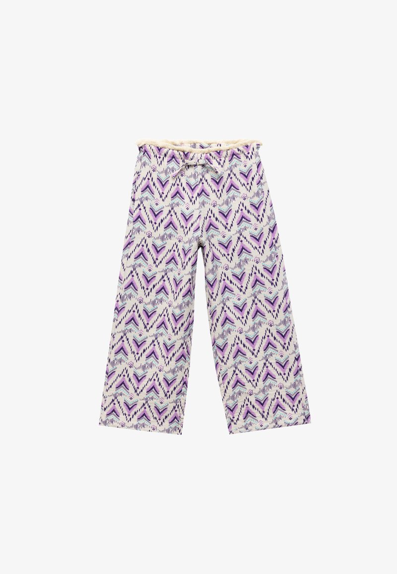 Løse, vide bukser med en cremet bund og et levende zigzag-mønster i lilla, blå og grøn; snøre i taljen.