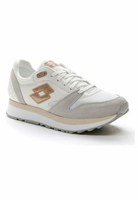 White and gray sneakers with a mix of mesh and suede, featuring a glittery rose gold logo, round toe, and a cushioned sole.