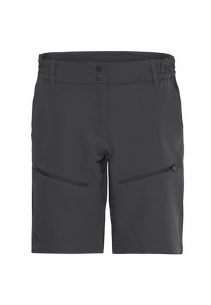 Dark gray shorts made from a lightweight material, featuring a drawstring waist, two zippered pockets, and a flat front design.