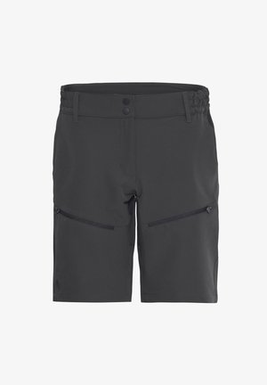 Donkergrijze shorts van een lichtgewicht materiaal, met een trekkoord in de taille, twee ritszakken en een vlakke voorkant.