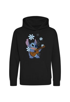 Sort hættetrøje med en tegneseriefigur, der spiller på en brun guitar omgivet af lyseblå og hvide blomsterdesigns.