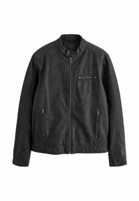 Chaqueta de cuero negra con cuello alto, cierre frontal con cremallera y tres bolsillos con cremallera. Presenta paneles texturizados en los hombros.