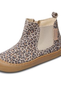 Stivaletto per bambini alto alla caviglia con stampa leopardo marrone e nera, pannello elasticizzato sui lati, suola in gomma tan e linguetta sul tallone.