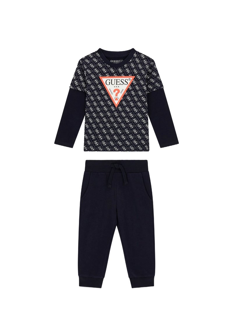 Marineblaues Zweiteiliges Outfit mit einem Langarmoberteil mit gemusterter Vorderseite und dreieckigem Logo; passende Jogginghosen mit elastischem Bund.