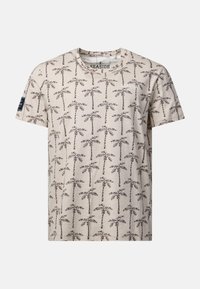 T-shirt beige à manches courtes avec motif de palmier noir et petit logo "SEASIDE" sur la poitrine ainsi qu'un détail patch sur la manche.