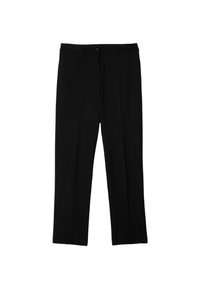 Zwarte broek met een rechte pijp, gemaakt van gladde stof. Voorzien van een knoopsluiting en riemlussen, zonder patronen of accenten.