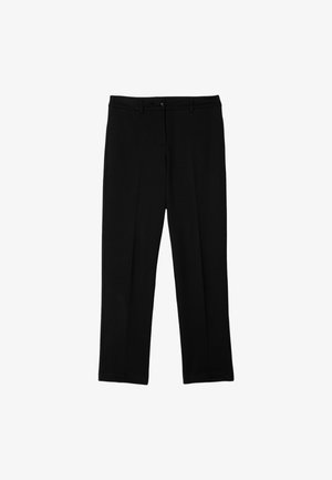 Pantalones negros de pierna recta, confeccionados con tela suave. Incluyen cierre de botones y trabillas para cinturón, sin patrones ni adornos.