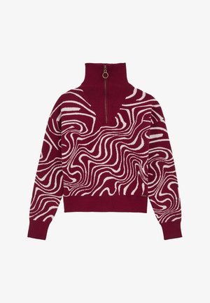 Maglione bordeaux in maglia con motivo a onde bianche, collo alto e chiusura a zip. Presenta polsini e orlo a coste per vestibilità e texture.