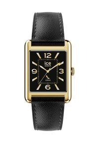 Schwarzlederarmbanduhr mit einem quadratischen Gehäuse in Goldfarbe, schwarzem Zifferblatt, goldenen Stundenziffern und einem kleinen Heel-Logo auf sechs Uhr.