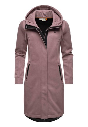 Long manteau rose avec capuche, en tissu texturé, avec une fermeture éclair à l'avant et deux poches zippées sur les côtés. Doublure intérieure noire.