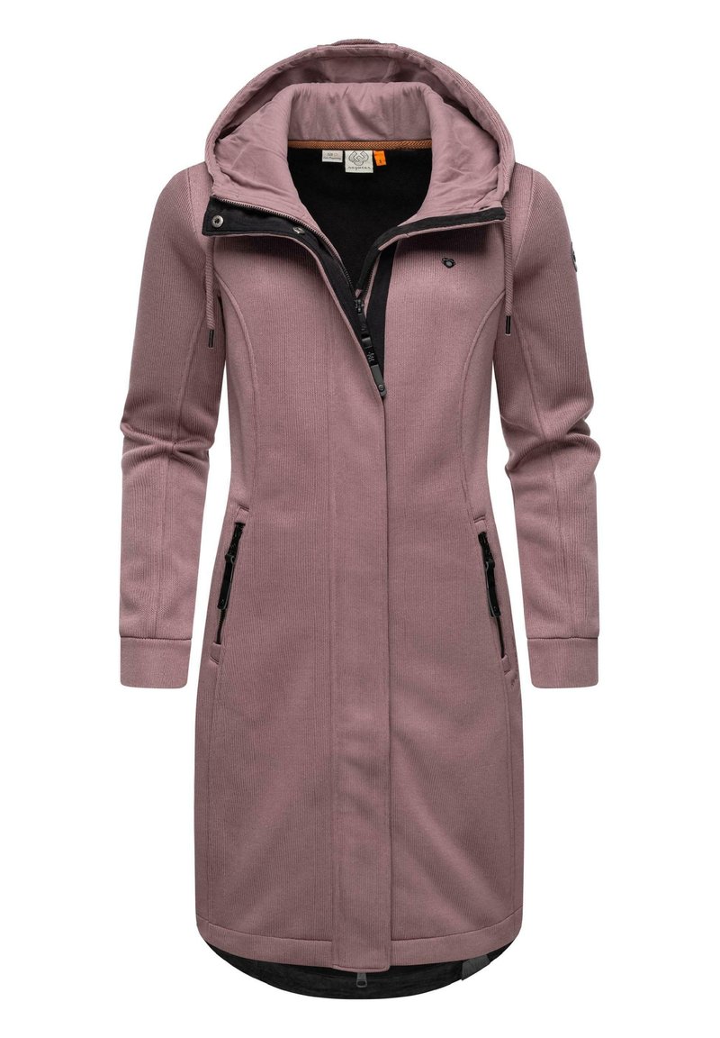 Lang roze jas met een capuchon, gemaakt van een gestructureerde stof, met een ritssluiting aan de voorkant en twee ritszakken aan de zijkanten. Zwart binnenmateriaal.
