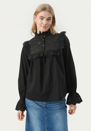 Black blouse with a ruffled eyelet lace collar and long sleeves. Features decorative cutouts and button closure at the neck. Casual fit.