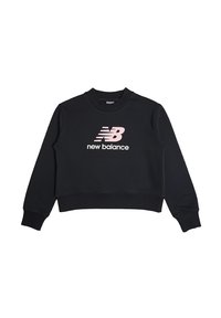 Felpa cropped nera a maniche lunghe con logo e testo New Balance in rosa centrati sul davanti.