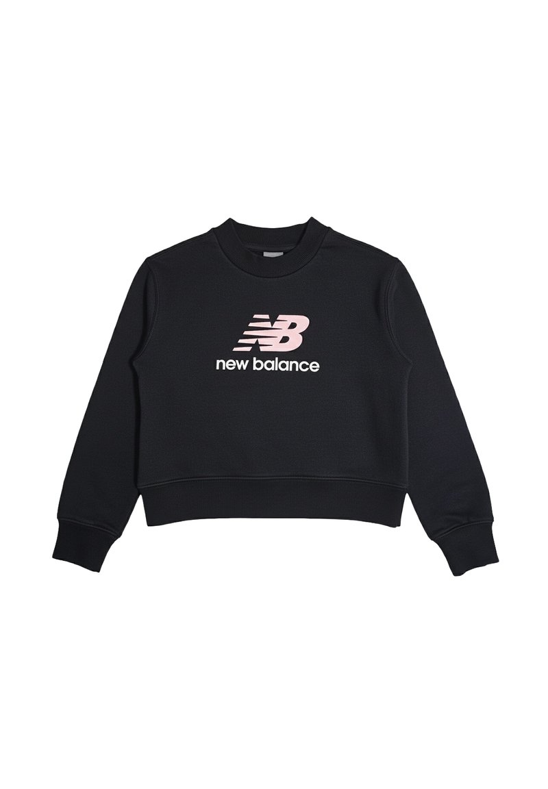 Felpa cropped nera a maniche lunghe con logo e testo New Balance in rosa centrati sul davanti.
