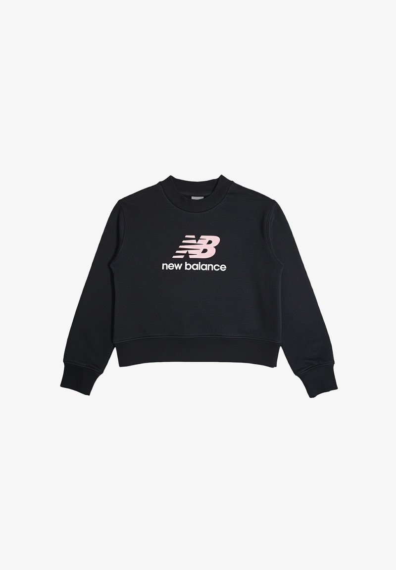 Felpa cropped nera a maniche lunghe con logo e testo New Balance in rosa centrati sul davanti.