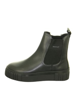 Schwarzer Leder-Stiefelette mit dicker Gummisohle, elastischem Seiteneinsatz und Zuglasche hinten, an der Seite mit "GANT" gebrandet.