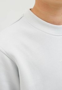 Felpa grigia chiaro con scollo a girocollo a costine e tessuto testurizzato. Presenta un design minimalista con un piccolo dettaglio del logo in bianco.