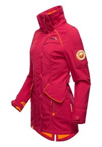 Pink weather-resistant jacket with a high collar, orange accents, and multiple pockets. Features buttons and a logo patch on the sleeve.